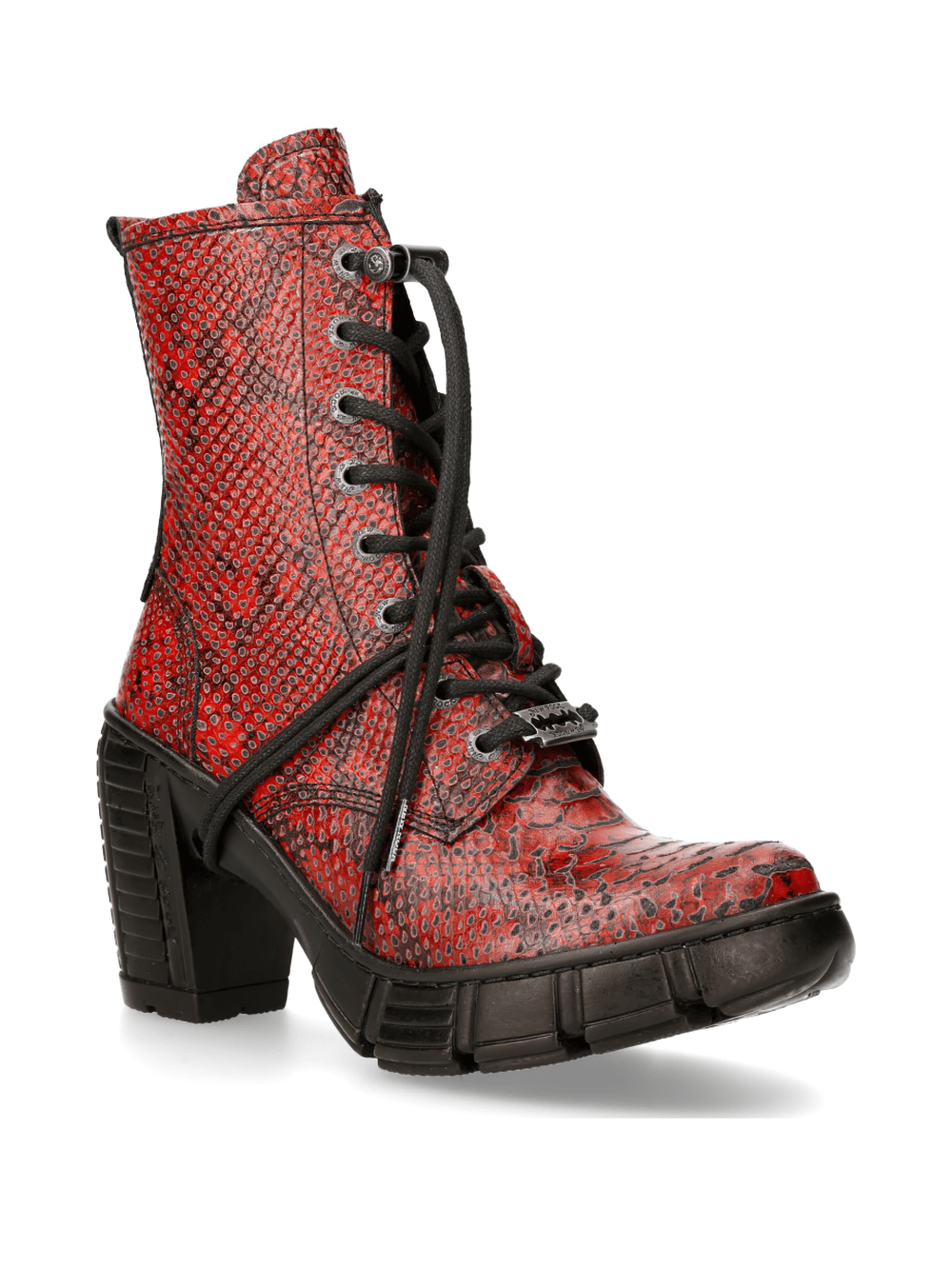 Gothic red reptile print ankle boots with lace-up front and chunky heel, showcasing punk style and urban flair.