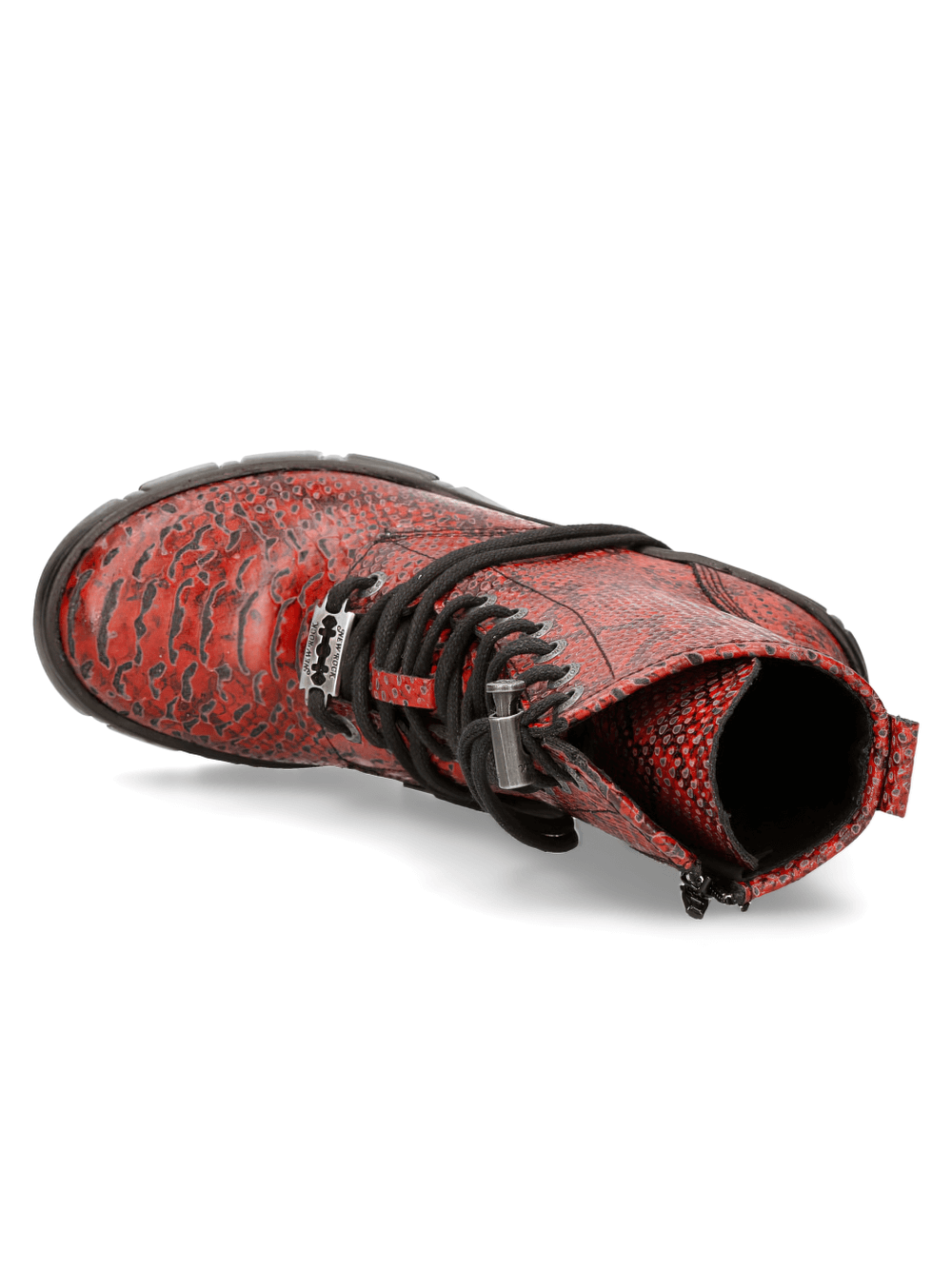 Bold red reptile print ankle boots featuring lace-up front and zipper, perfect for punk-inspired Gothic style.