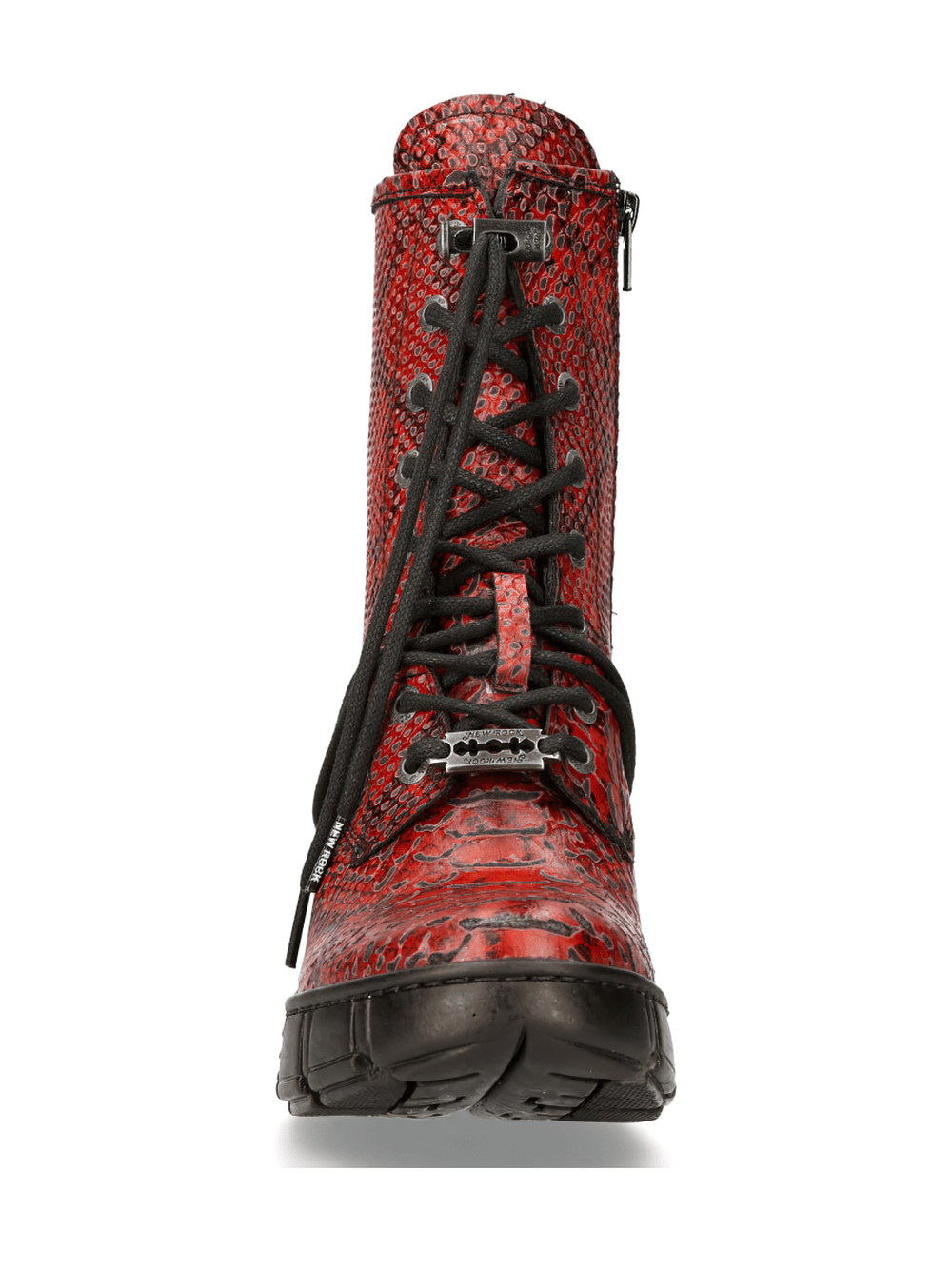 Gothic red reptile print ankle boots with lace-up front and zipper detail for bold punk style.