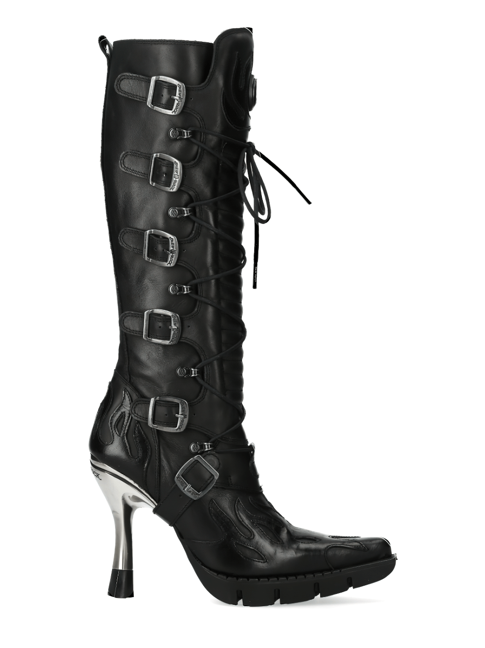 NEW ROCK Gothic Flame High Heel Boots, black leather, buckle details, punk rock style, Malicia Collection, edgy urban fashion.