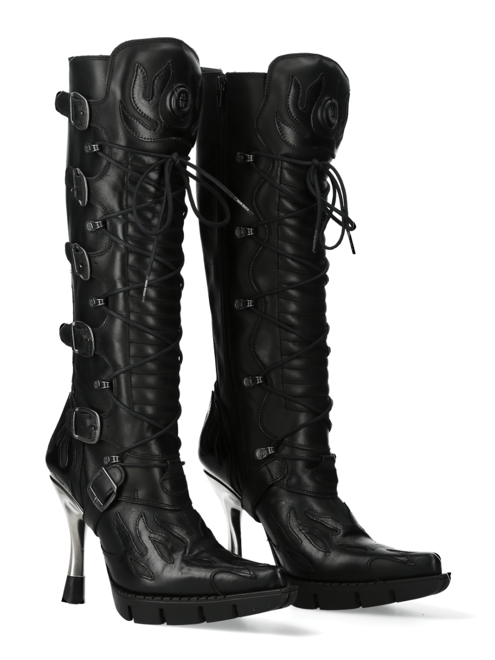 NEW ROCK Gothic Flame High Heel Boots with buckle details, featuring a fiery punk design for bold urban fashion.