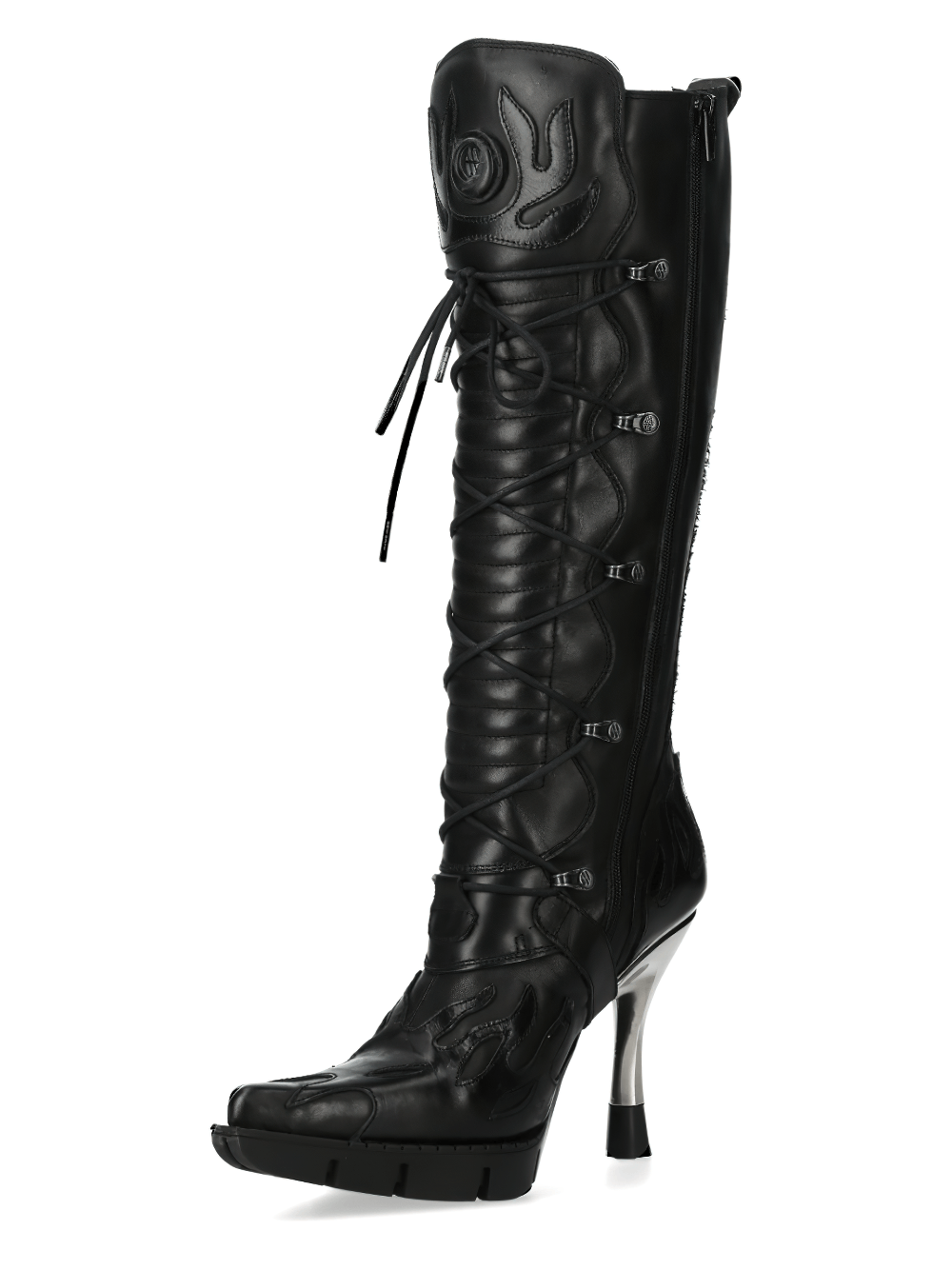 NEW ROCK Gothic Flame High Heel Boots with Buckle Details, featuring fire-inspired design and lace-up front.