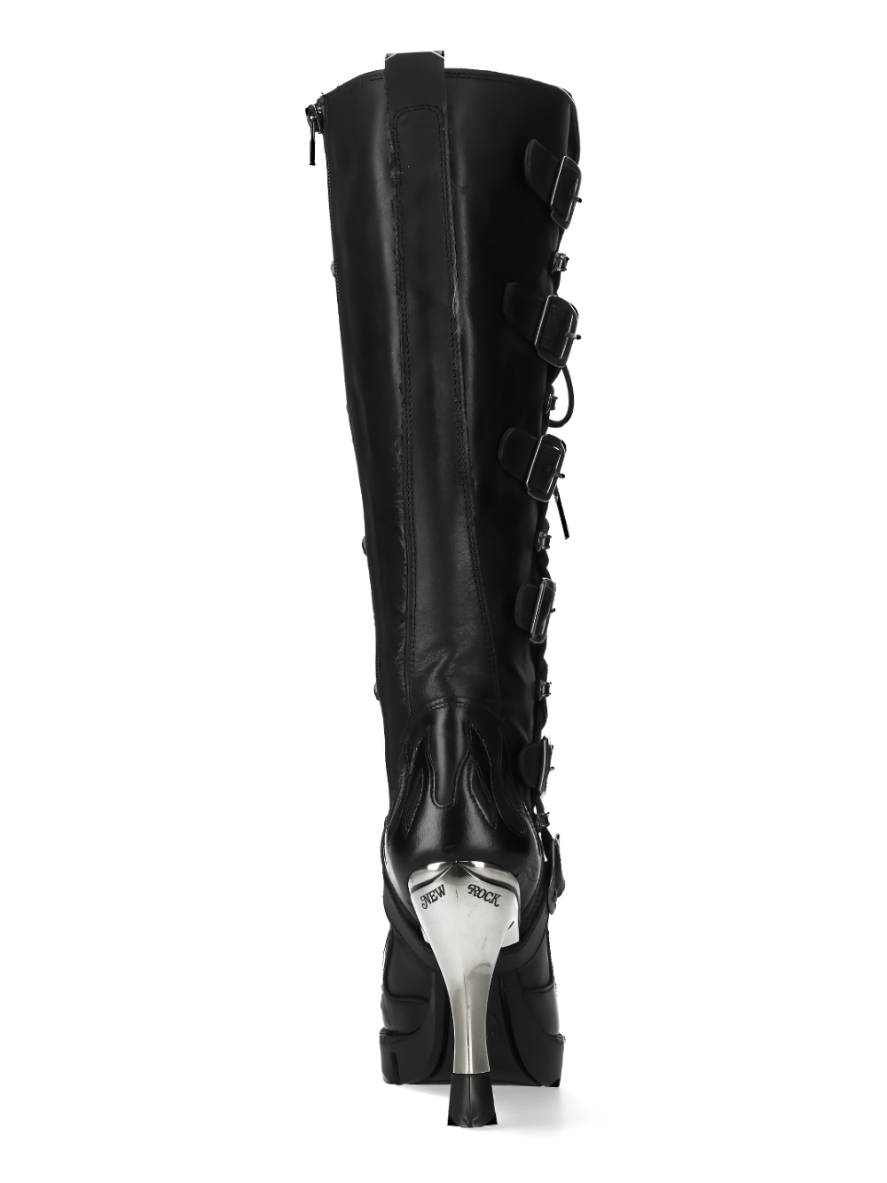 Back view of NEW ROCK Gothic Flame High Heel Boots showcasing buckle accents and sleek leather design.