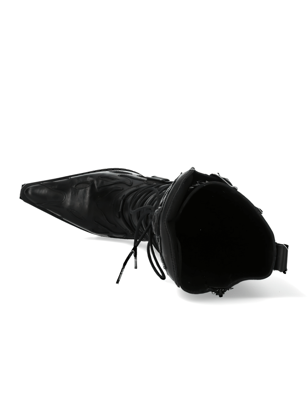 Pointed black Gothic high heel boot featuring lace-up design and sleek urban style.