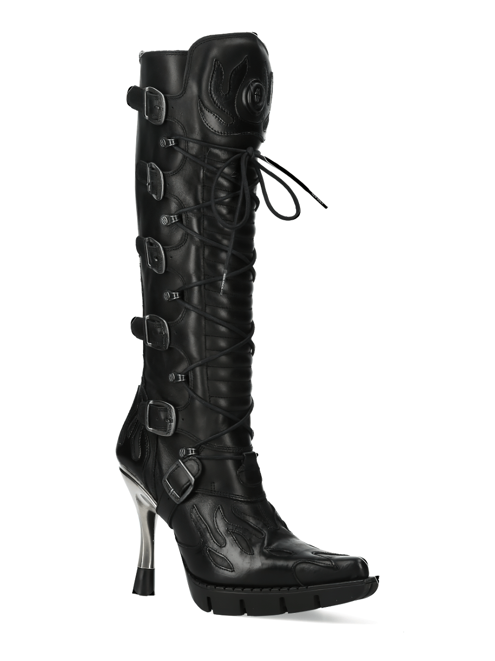 NEW ROCK Gothic Flame High Heel Boots with Buckle Details, featuring a sleek black design and stylish lace-up front.