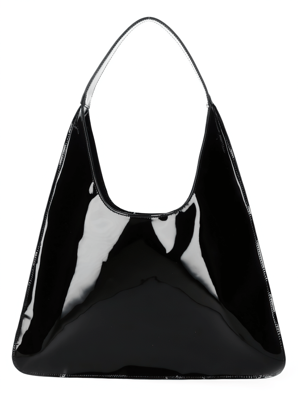 Sleek black patent shoulder bag with a modern silhouette, perfect for edgy fashion lovers and urban styles.