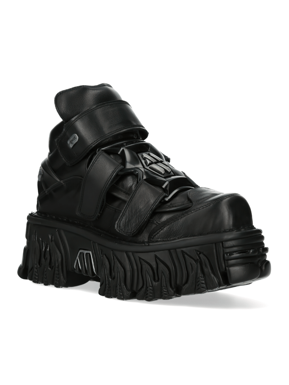 NEW ROCK Men's Gothic Heavy Ankle Boots in black leather with Velcro straps and chunky sole.