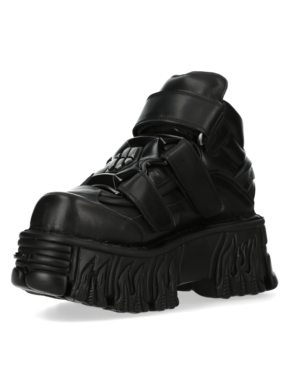NEW ROCK Men's Gothic Black Leather Ankle Boots with Velcro Straps and edgy chunky sole.