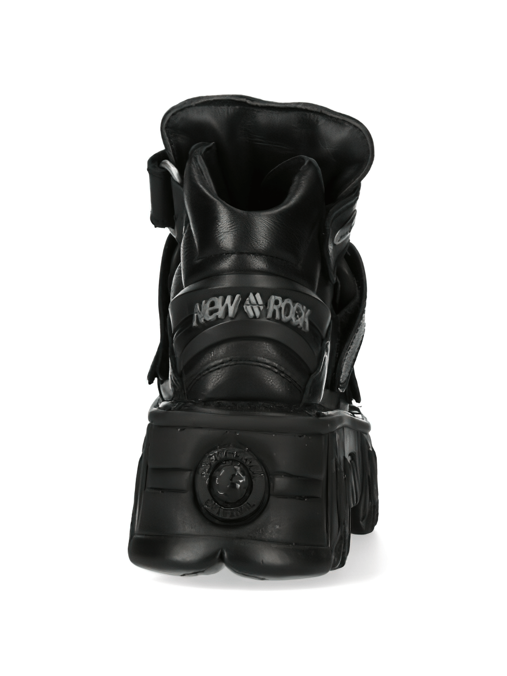 Rear view of NEW ROCK Men's Gothic Black Leather Ankle Boots with bold design and Velcro straps.