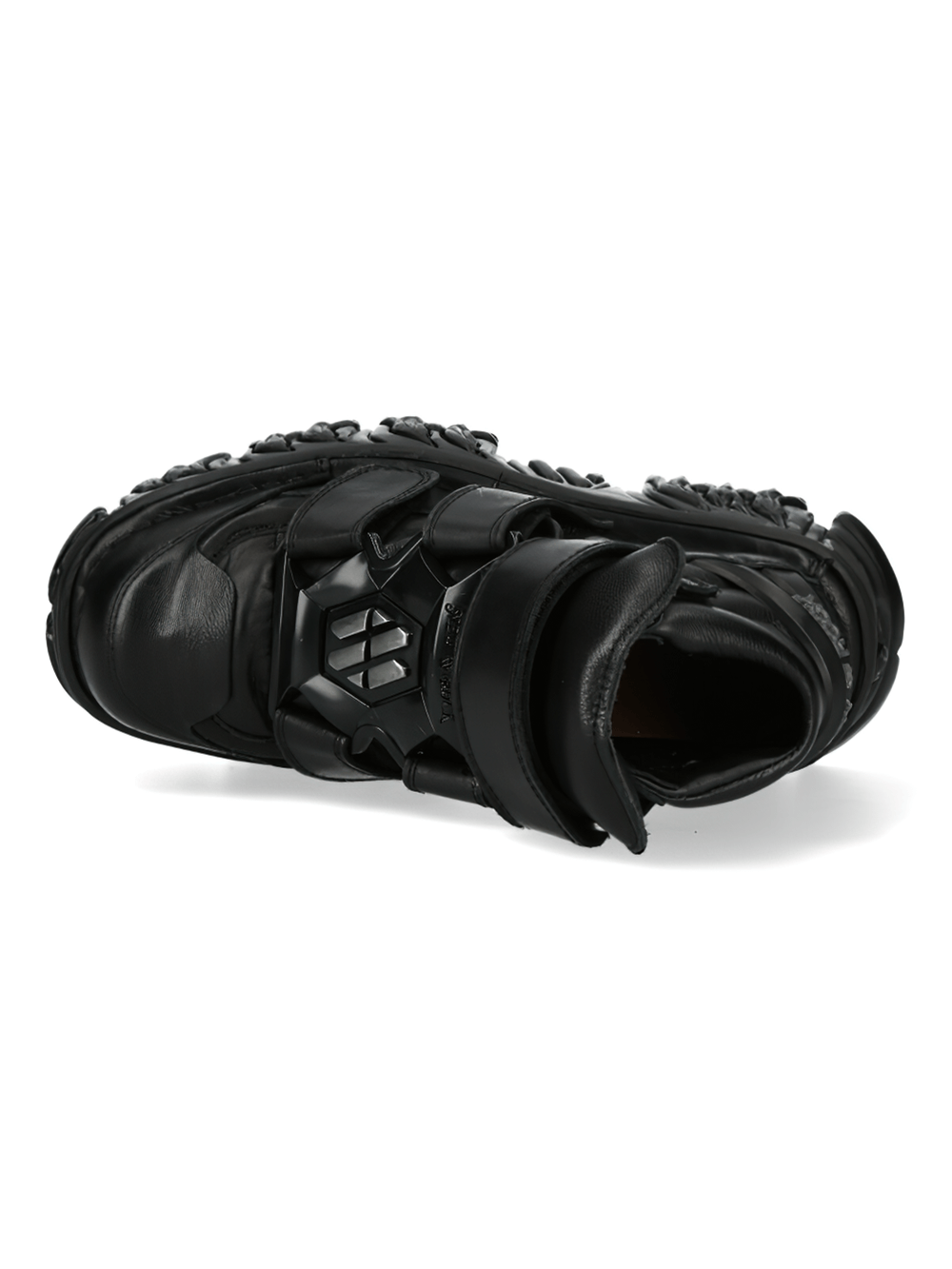 Top view of NEW ROCK Men's Gothic Black Leather Ankle Boots with Velcro straps and punk style.