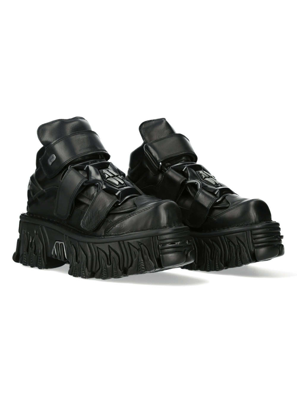 NEW ROCK Men's Black Gothic Ankle Boots with Velcro Straps and edgy thick sole for a bold punk fashion statement.