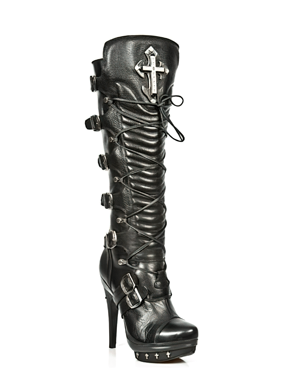 NEW ROCK Gothic High Heel Boots featuring buckle and lace design for bold punk fashion with a striking cross detail.
