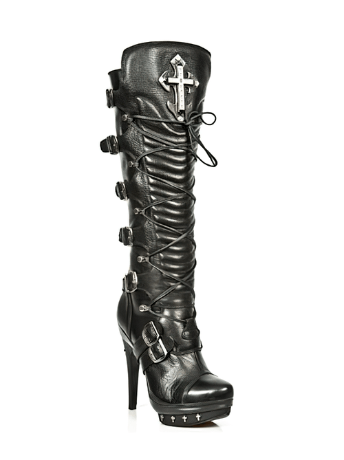 NEW ROCK Gothic High Heel Boots with Buckle and Lace Design
