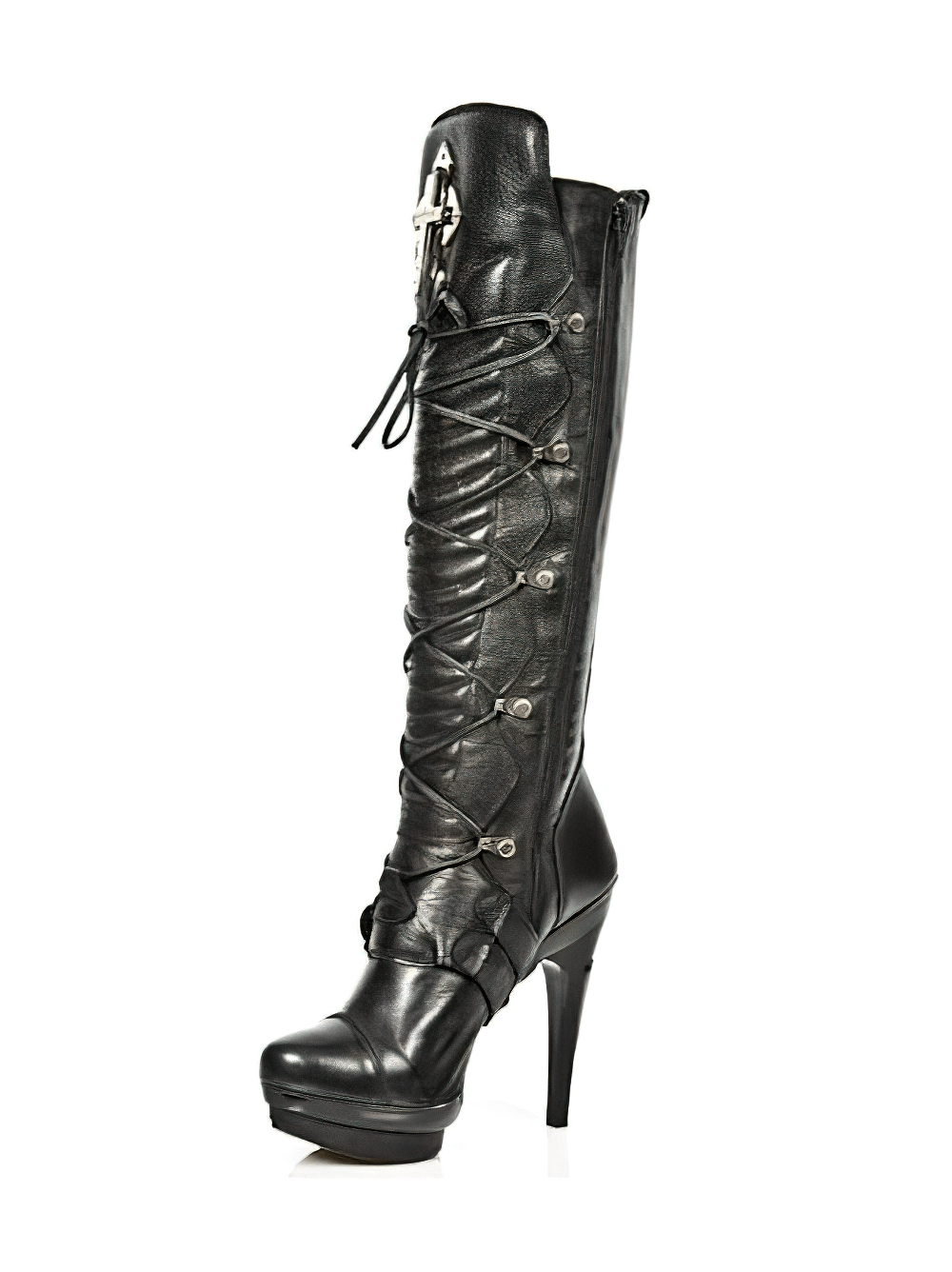NEW ROCK Gothic high heel boots with buckle and lace design, perfect for punk and rock styles.