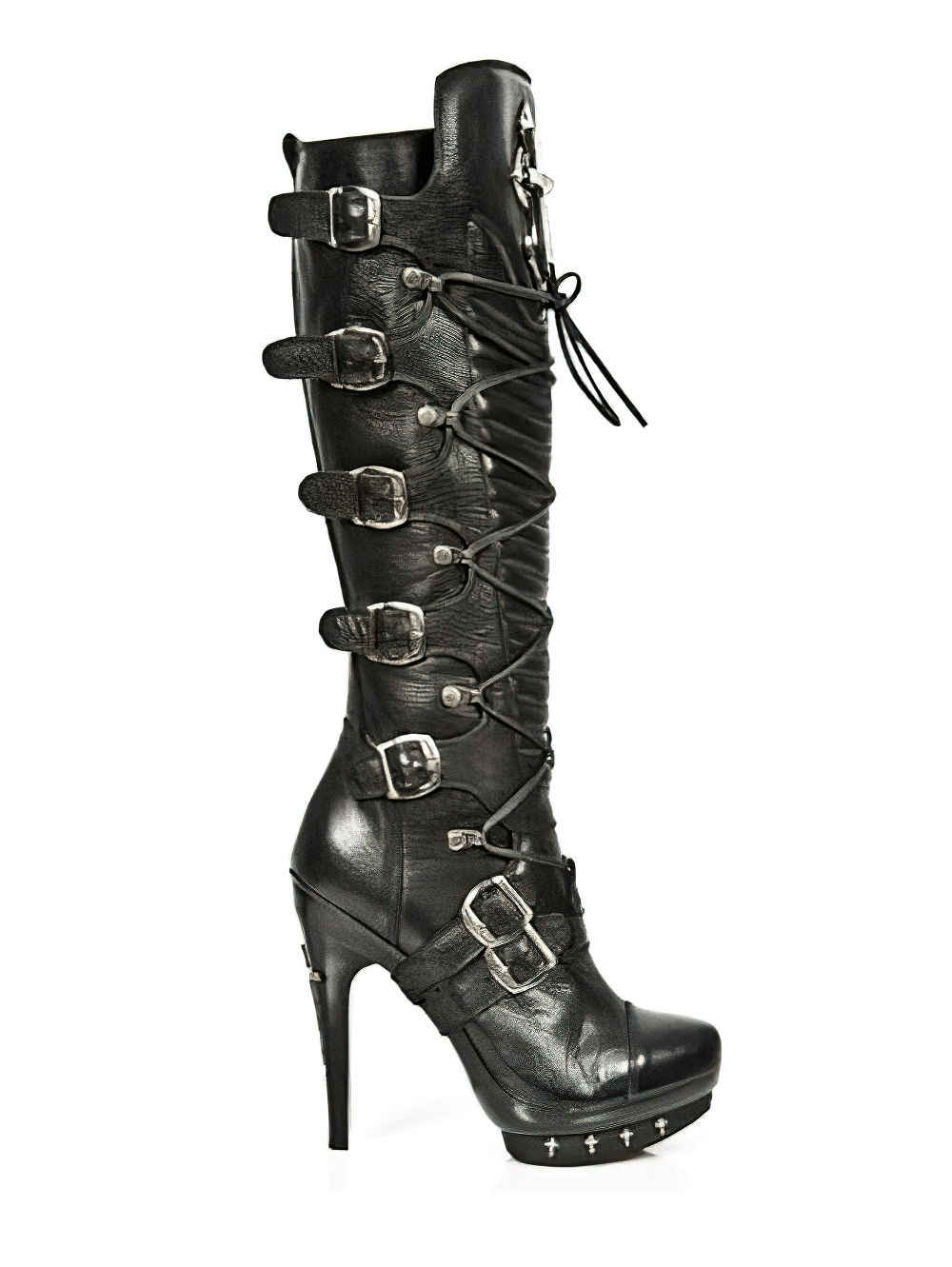 NEW ROCK Gothic High Heel Boots featuring buckle and lace design for bold punk style.