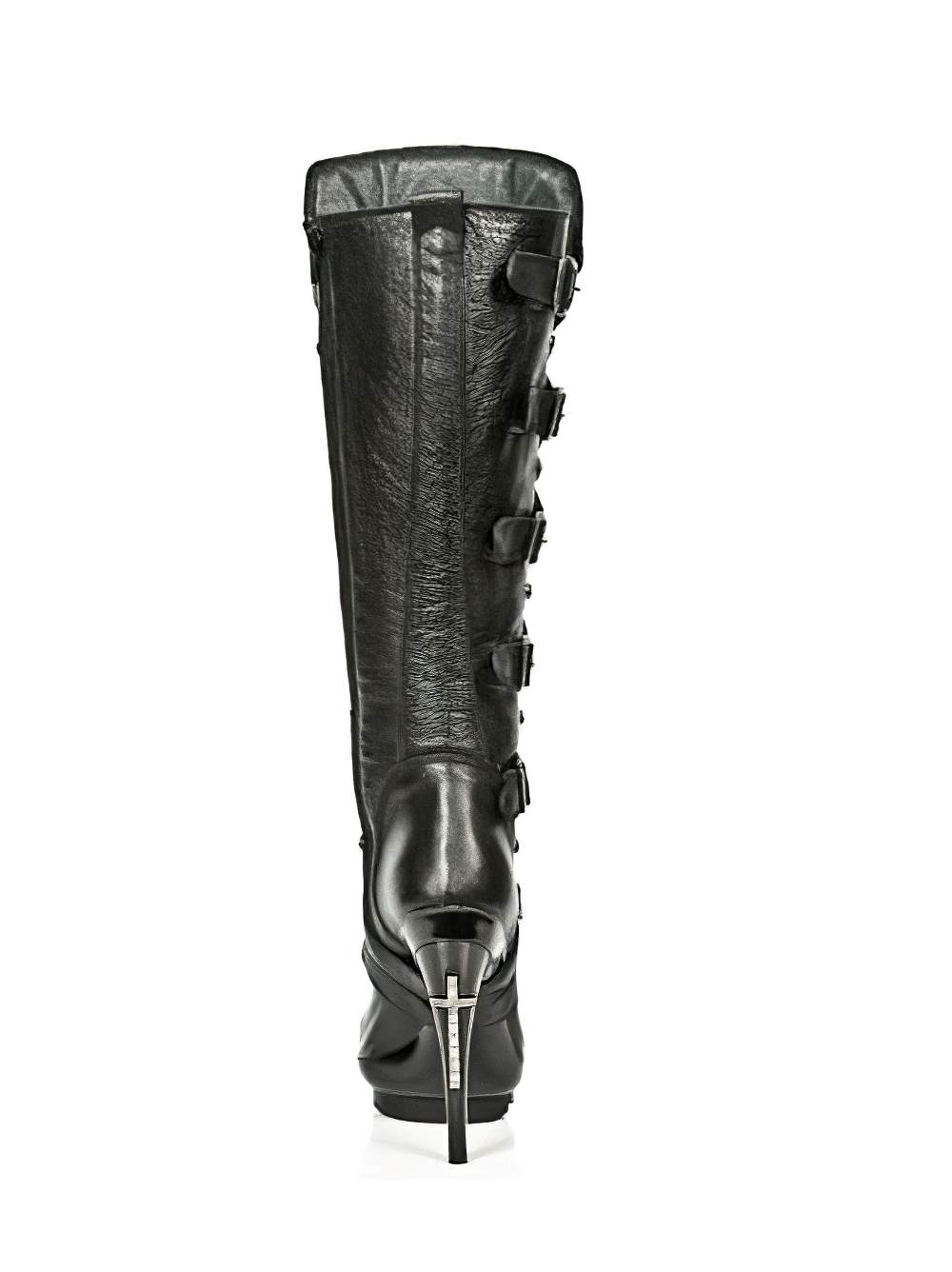 Back view of NEW ROCK Gothic High Heel Boots showcasing buckle details and sleek black leather design.