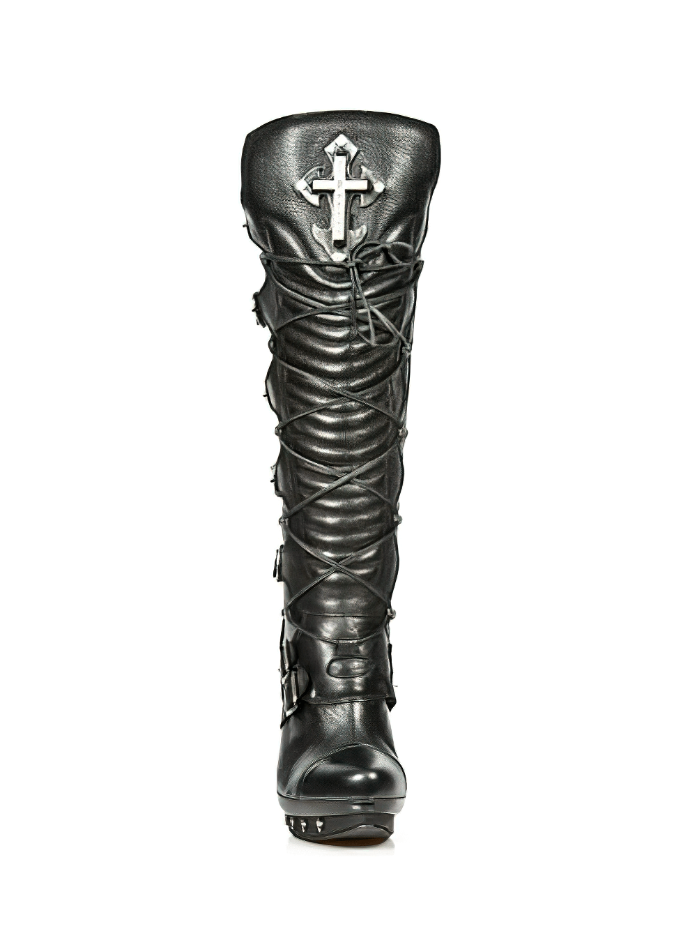 NEW ROCK Gothic high heel boots with lace and buckle design, featuring a striking cross emblem in stylish black leather.