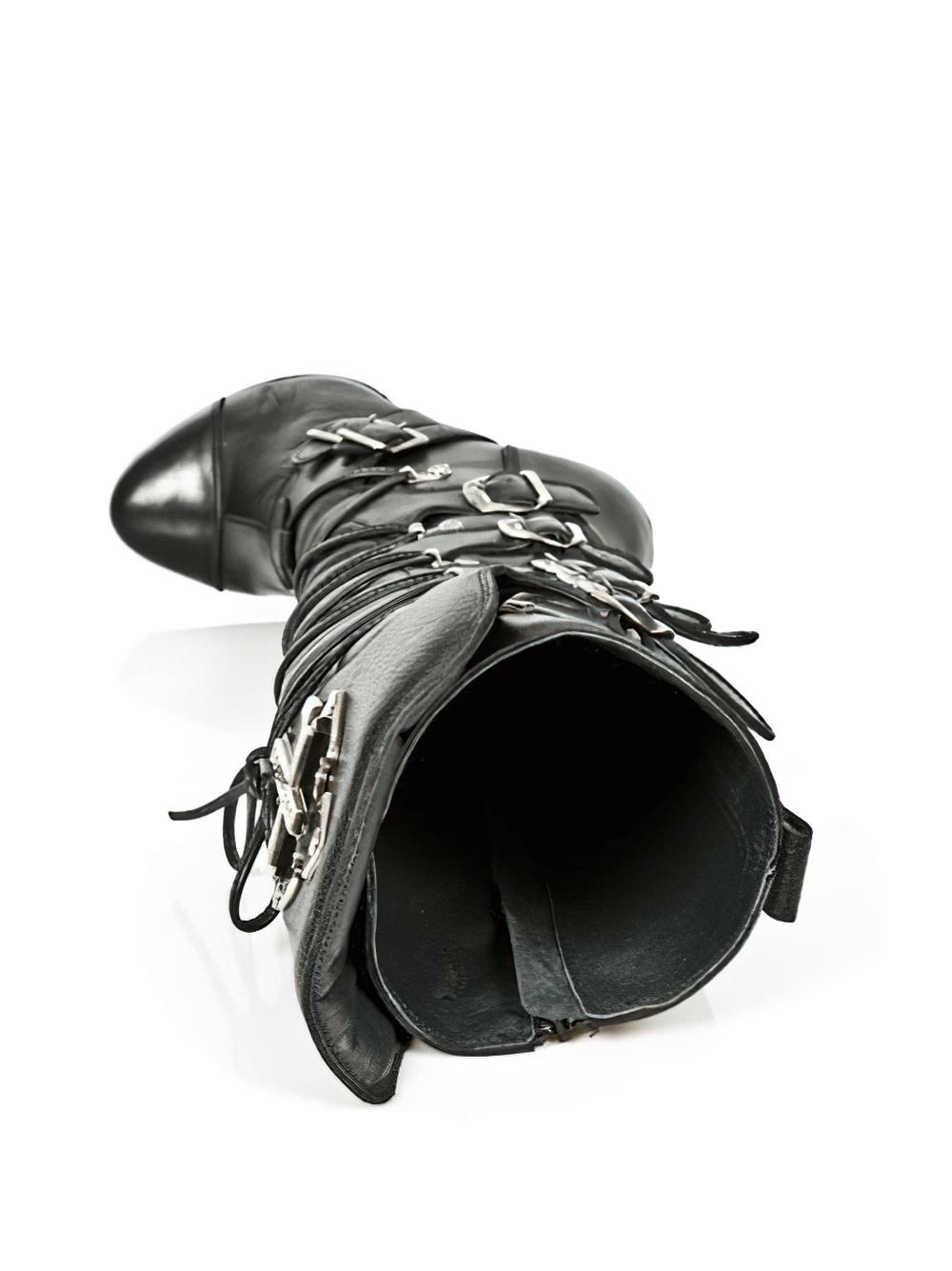 Inside view of NEW ROCK Gothic High Heel Boots featuring buckle and lace design in edgy black leather.
