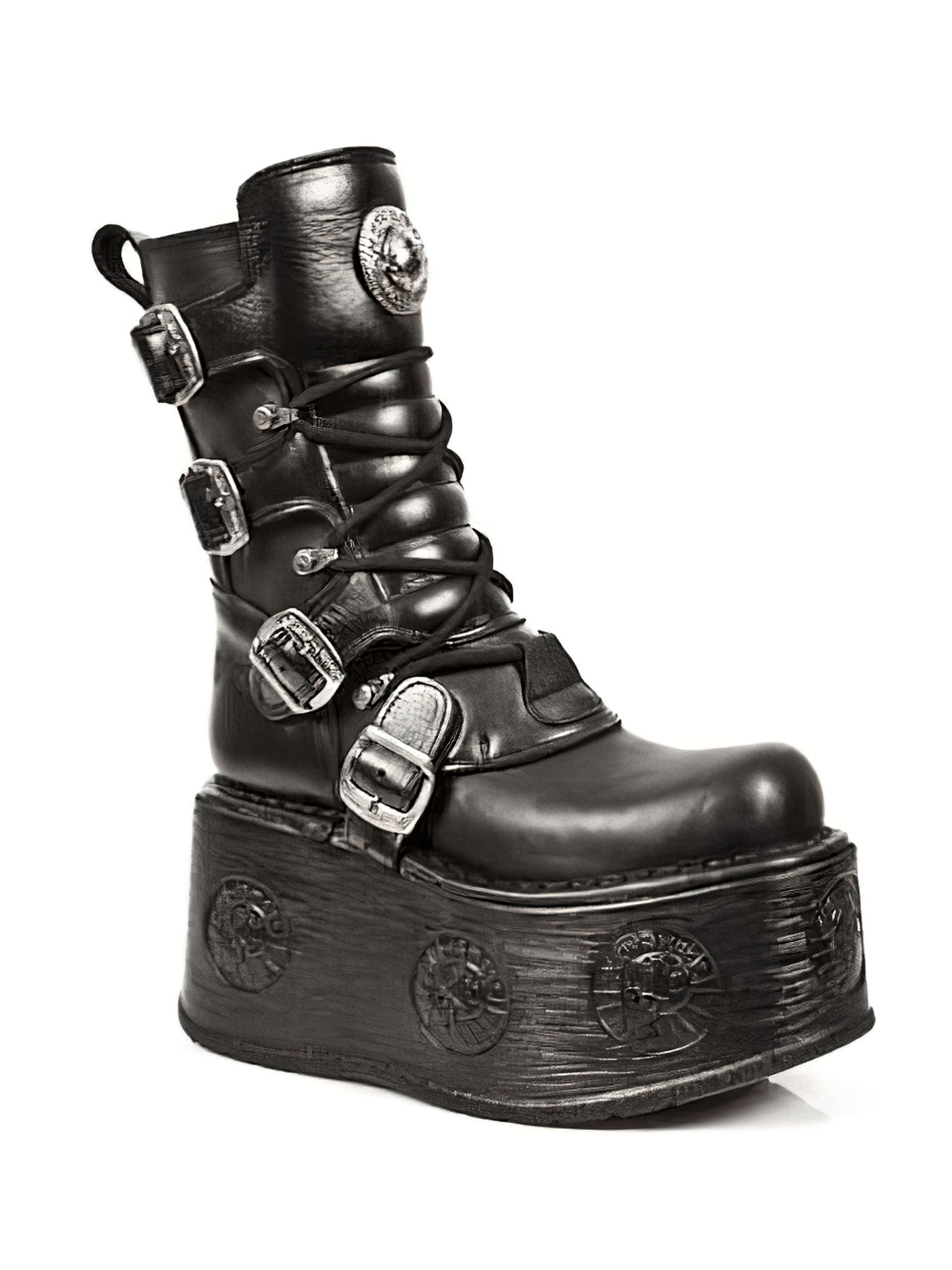 NEW ROCK Men's Gothic High Platform Boots with metal accents and buckles in black leather.