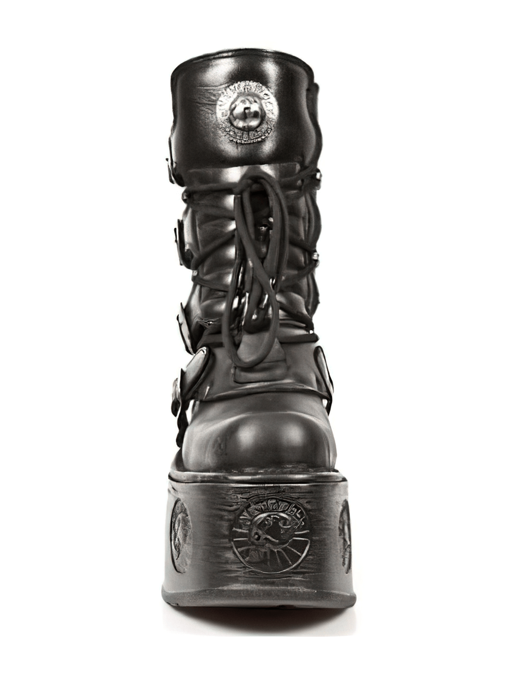 NEW ROCK Gothic High Platform Boots in black leather with metal accents and buckles, featuring a towering platform.