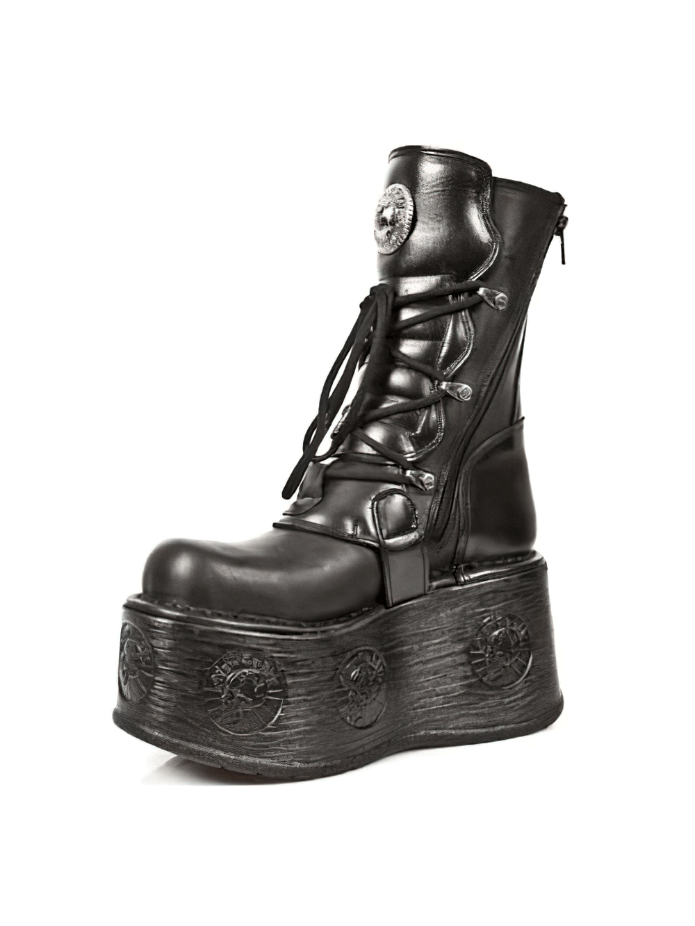 NEW ROCK men's gothic black leather high platform boots with metal accents and buckles.