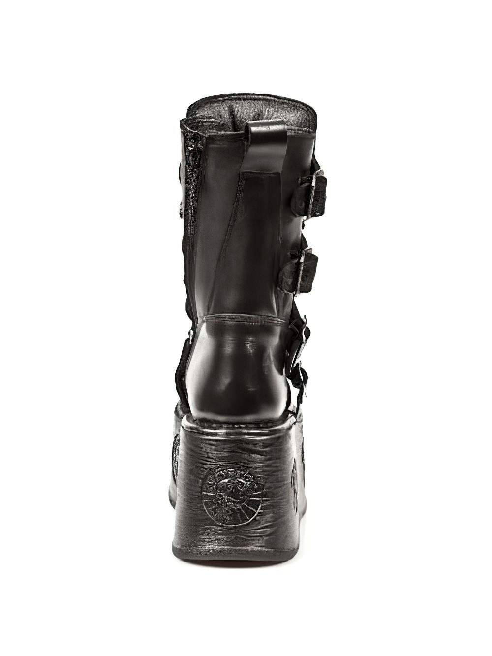 Back view of NEW ROCK Men's Gothic High Platform Boots with buckles and leather finish.