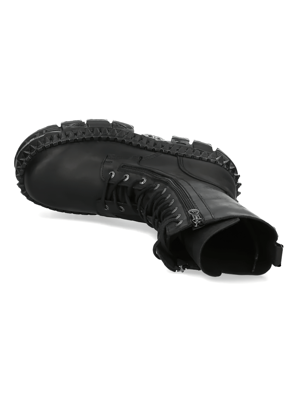 Alt Tag: NEW ROCK Gothic Knee High Platform Boots with Front Zips, black gothic platform boot with rugged tread sole, side view