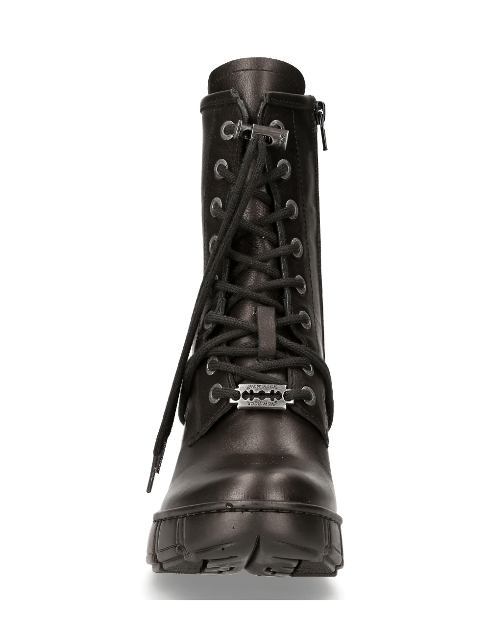 Gothic lace-up ankle boots with chunky heel, featuring a striking black design and edgy style.