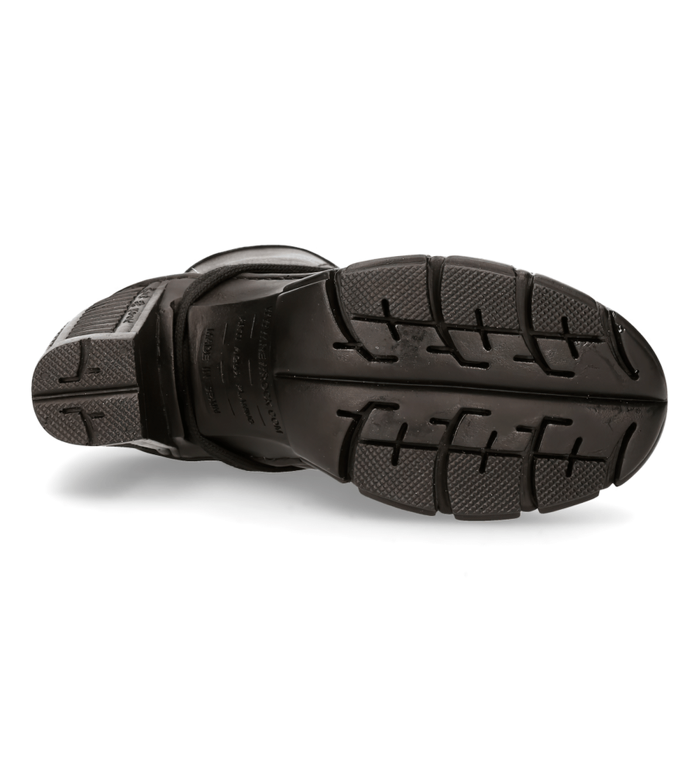 Sleek black sole of NEW ROCK Gothic lace-up ankle boots with durable tread design for urban style.