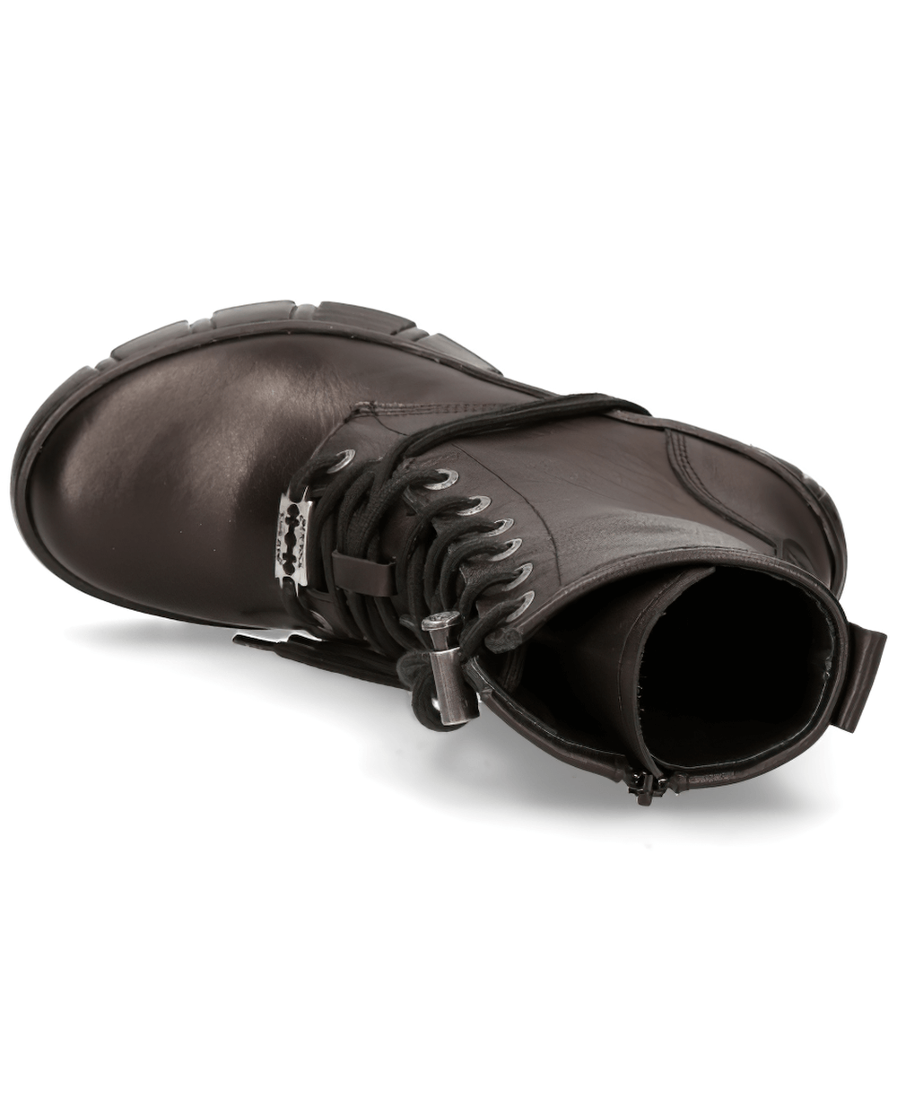 NEW ROCK Gothic lace-up ankle boot with chunky heel and stitched sole, featuring stylish black leather design.