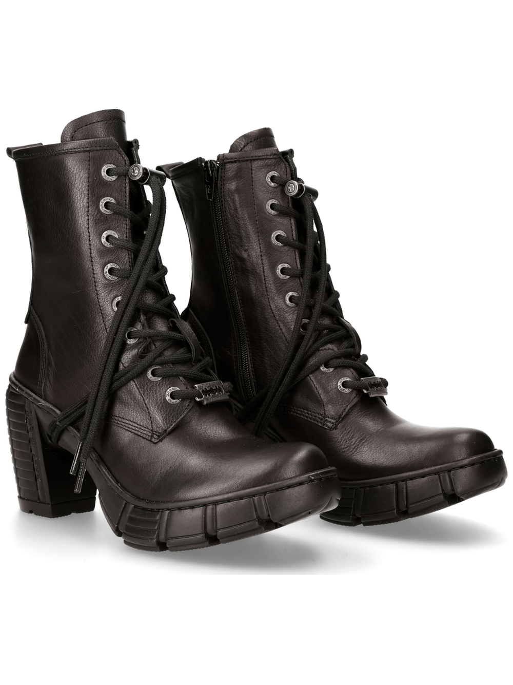 NEW ROCK Gothic Lace-Up Ankle Boots with Chunky Heel in black leather, featuring edgy design and bold style.