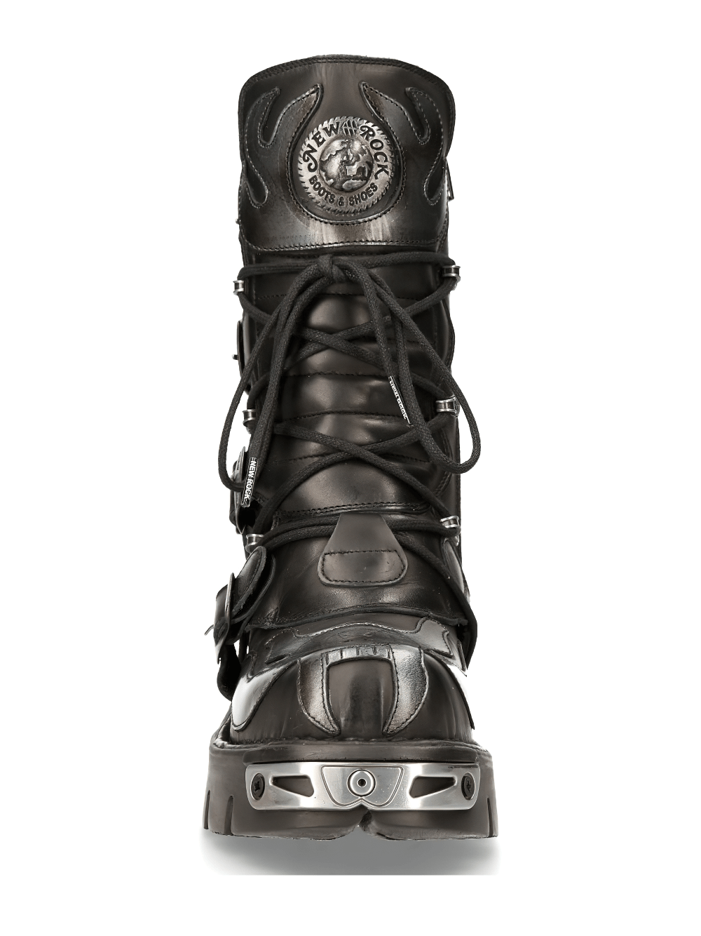 Front view of NEW ROCK Men's Gothic Lace-Up Boots with metallic accents and steel toe, perfect for a bold fashion statement.