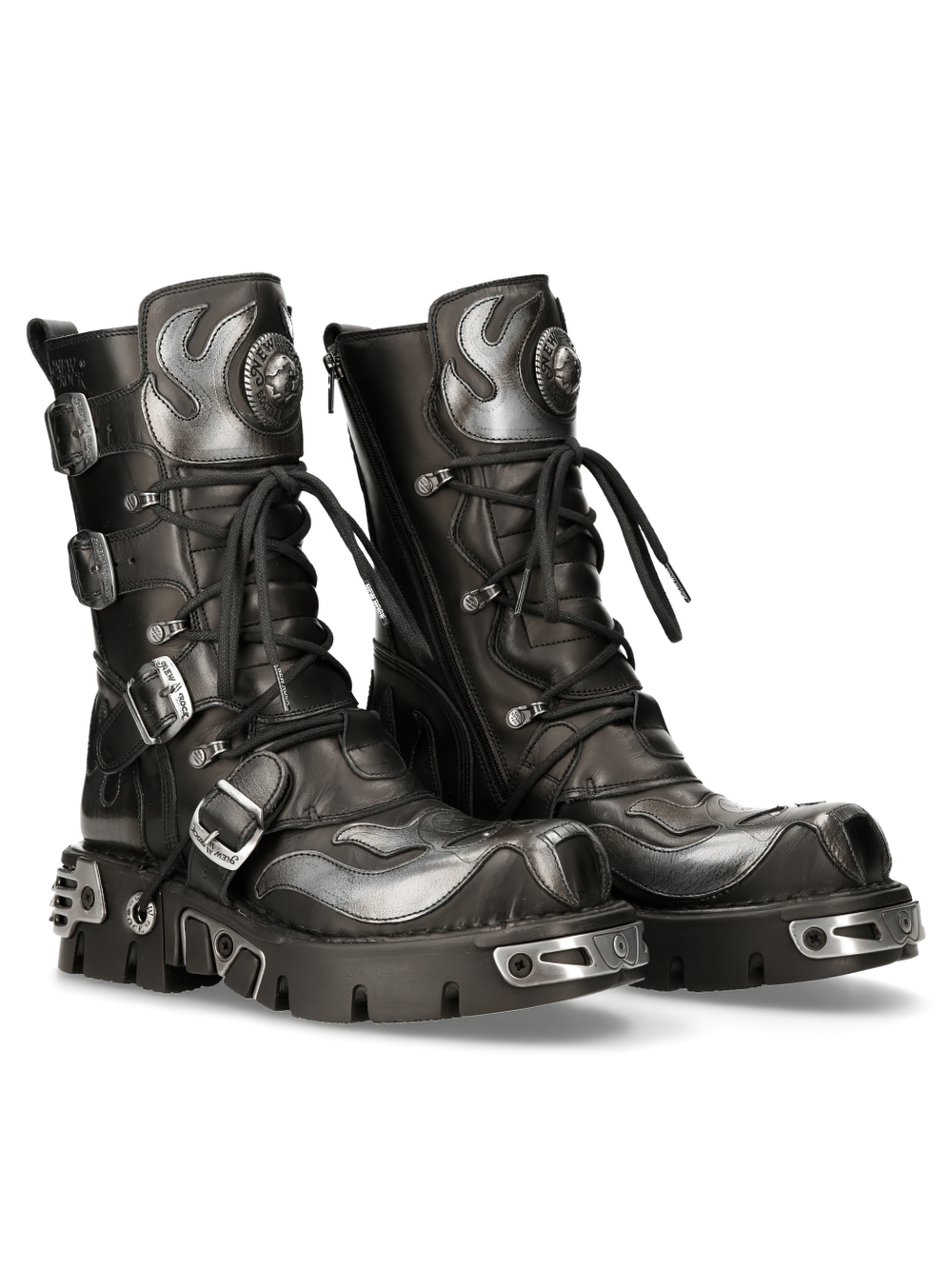 NEW ROCK Men's Gothic Lace-Up Boots with metallic accents, featuring a unique steely design and durable rubber sole.