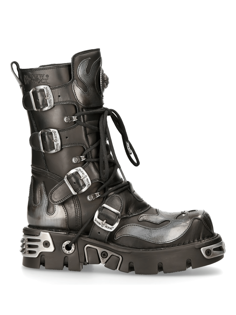 NEW ROCK Men's Gothic Lace-Up Boots with metallic accents and edgy design, perfect for rock enthusiasts.