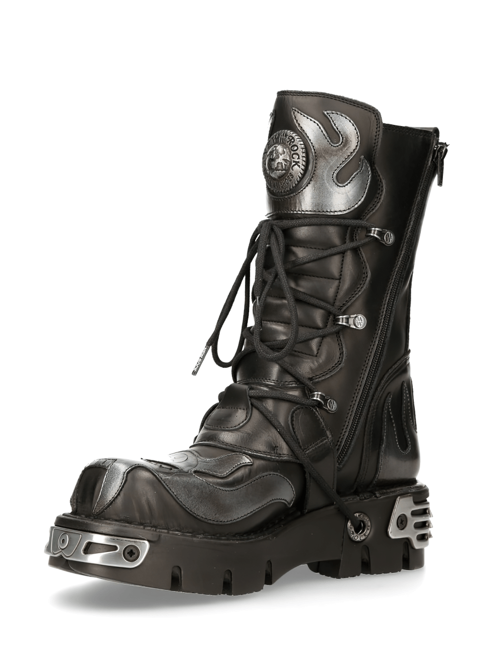 NEW ROCK Men's Gothic Lace-Up Boots with metallic accents and steel toe, perfect for a bold fashion statement.