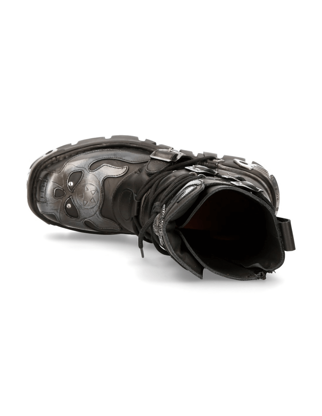 NEW ROCK Men's Gothic Lace-Up Boots with metallic design and steel toe, showcasing a rugged look from above.