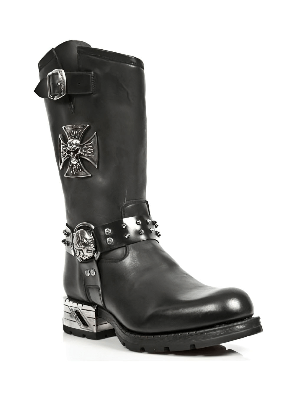 Gothic black leather boots with metallic embellishments and stylish buckle, perfect for edgy fashion lovers.