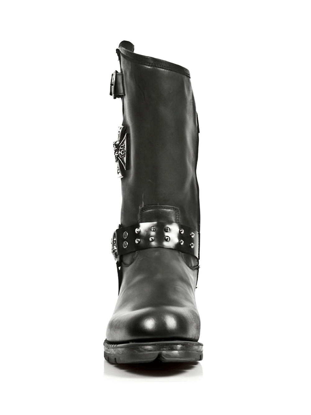 NEW ROCK Gothic leather boot with metallic embellishments, showcasing rugged black style and bold gothic flair.