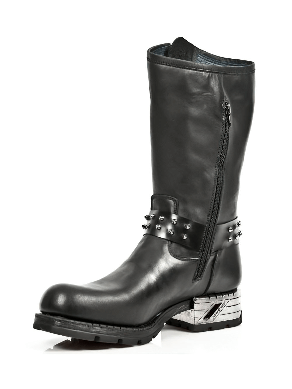 NEW ROCK Gothic black leather boot featuring edgy metallic embellishments and a stylish zip closure.