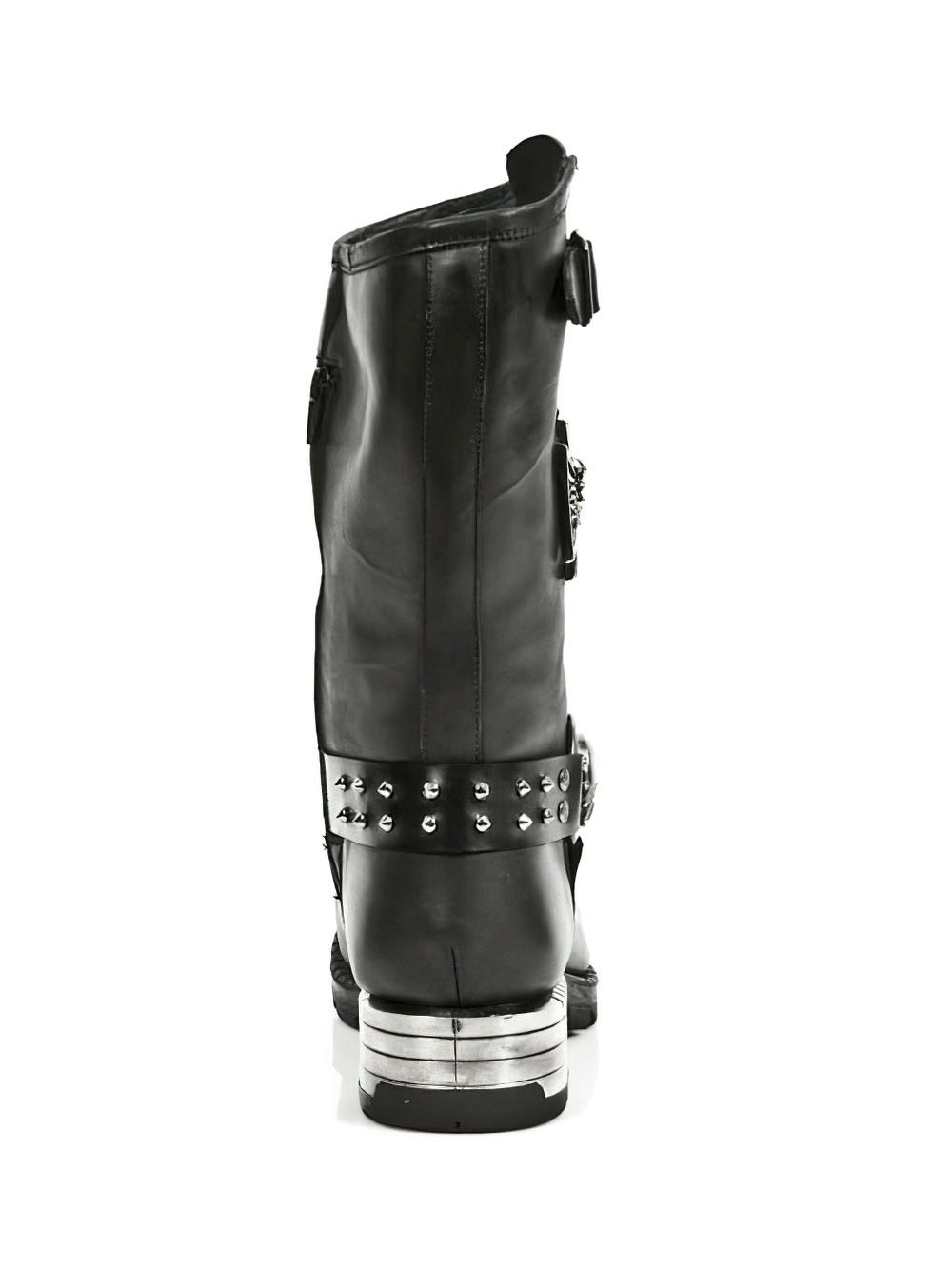 Back view of NEW ROCK Gothic Leather Boots showcasing metallic embellishments and rugged black leather design.