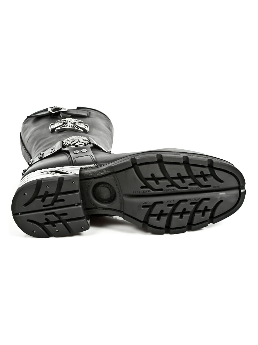 Bottom view of NEW ROCK Gothic Leather Boots showcasing rugged outsole and metallic details, perfect for bold styles.