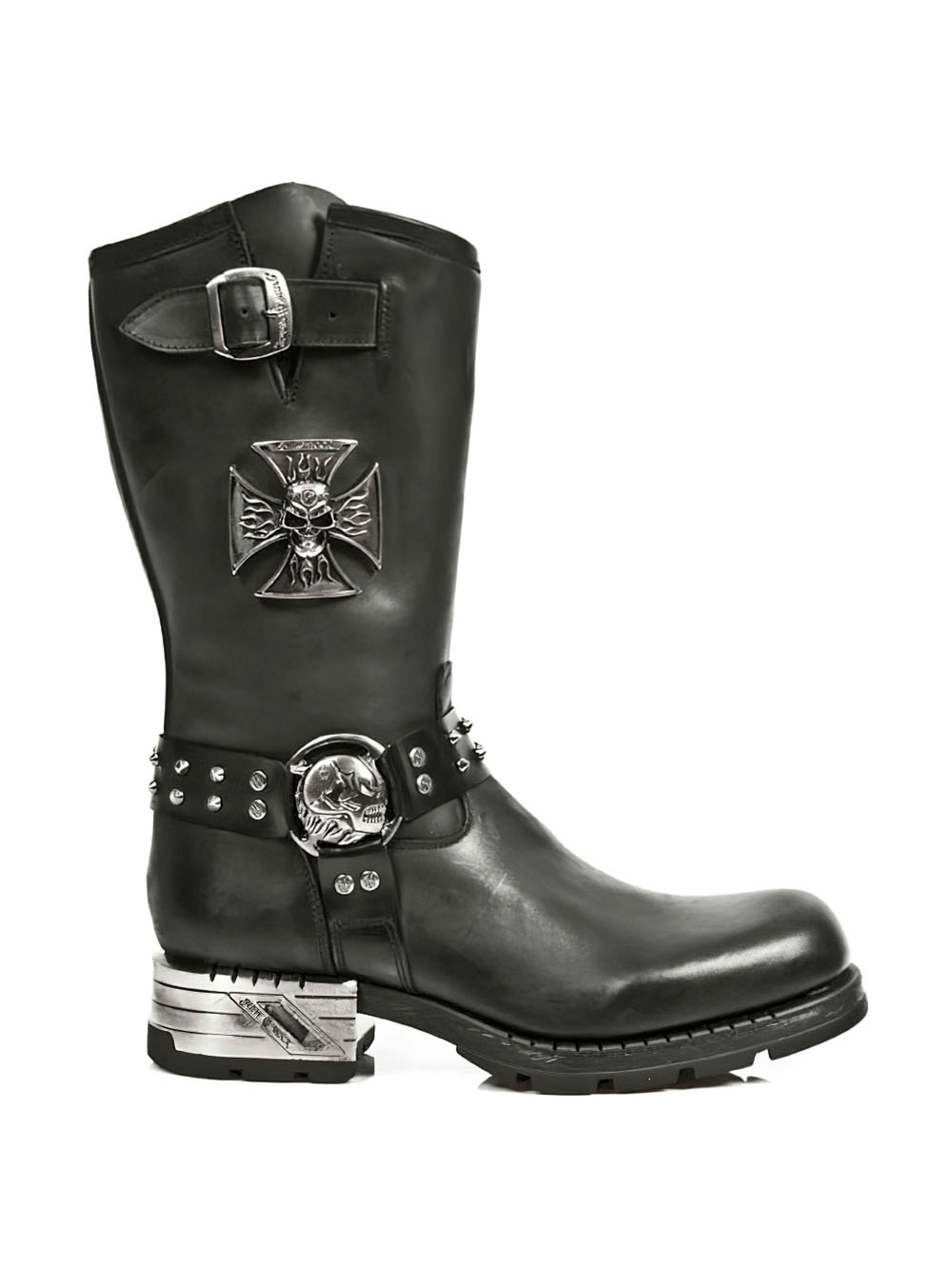NEW ROCK Gothic Leather Boots with metallic embellishments, rugged black leather and bold design for a standout style.