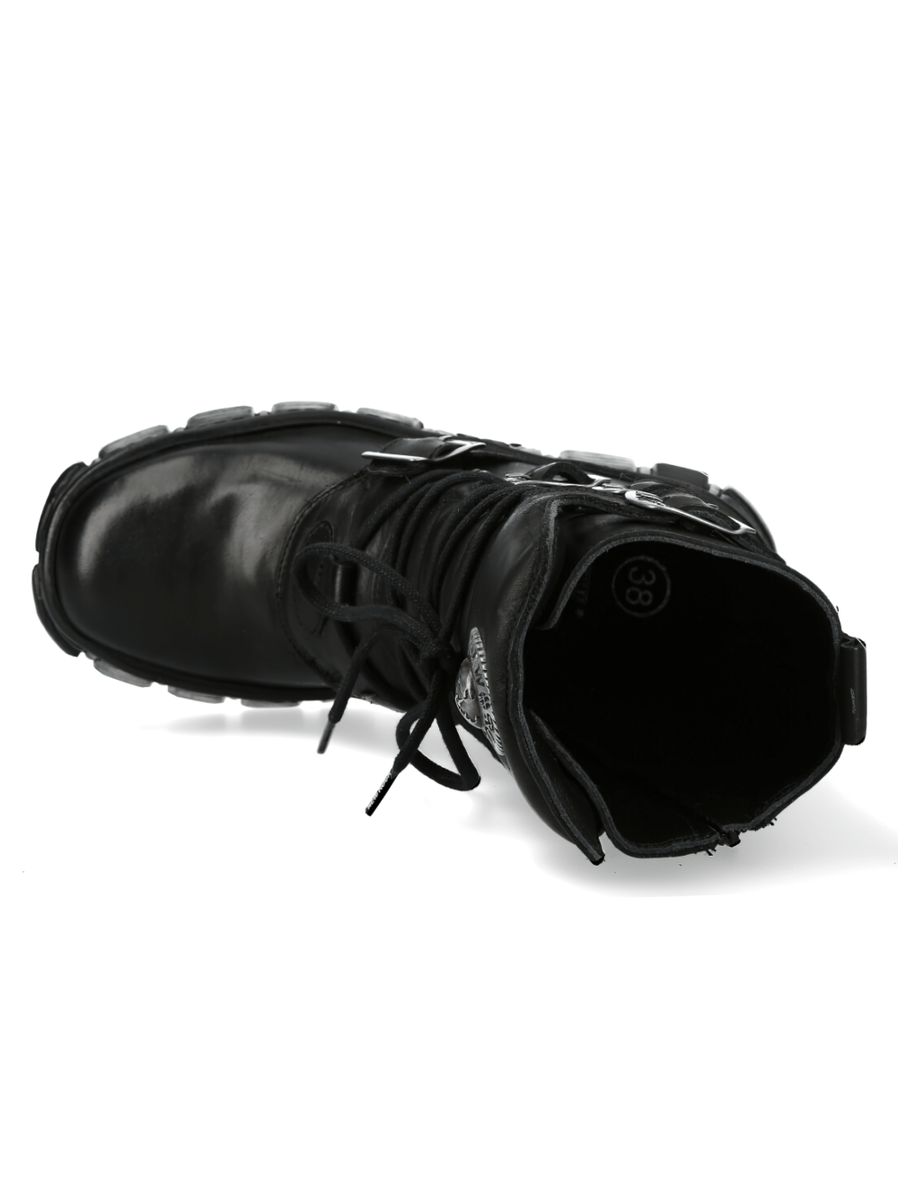 Top view of NEW ROCK Gothic Leather Ankle Boots featuring a metallic emblem and military style design.