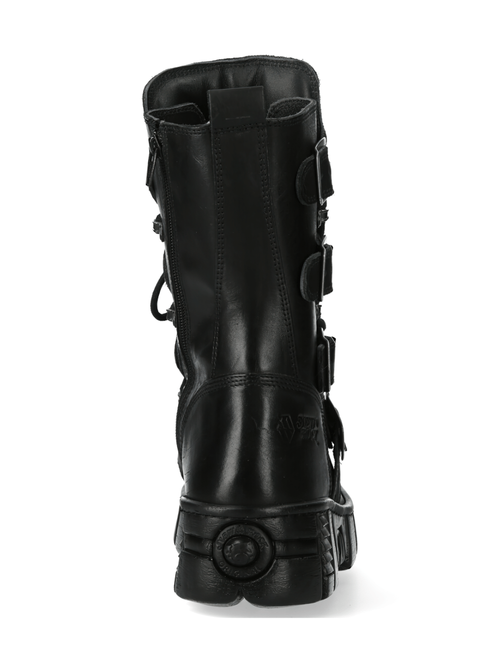Back view of NEW ROCK Gothic Leather Boots featuring a stylish military design and metallic emblem detail.