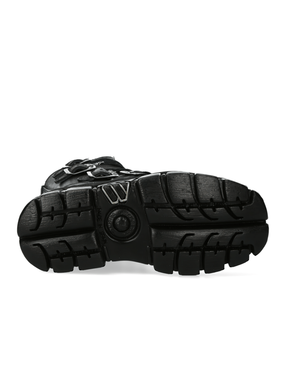 Sole view of NEW ROCK Gothic Leather Boots featuring rugged traction for military-style fashion.