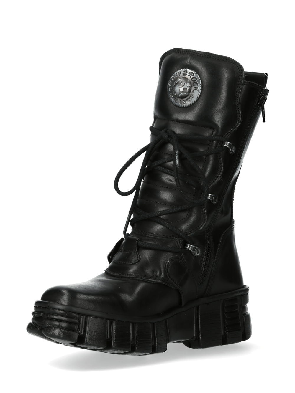 NEW ROCK Gothic Leather Boots with Metallic Emblem - Stylish military punk design, genuine leather, bold goth fashion.