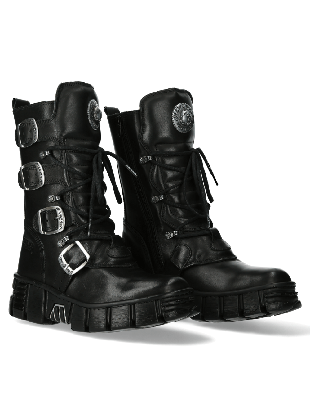 NEW ROCK Gothic Leather Boots with Metallic Emblem in punk rock style, featuring buckles and military-inspired design.