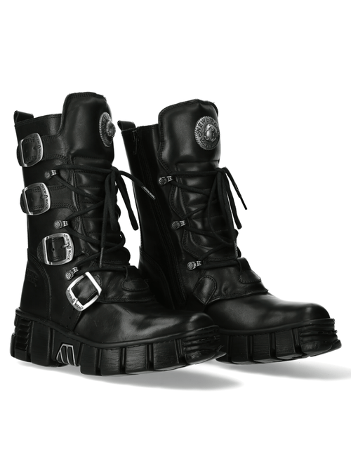NEW ROCK Men's Gothic Leather Boots with Metallic Emblem