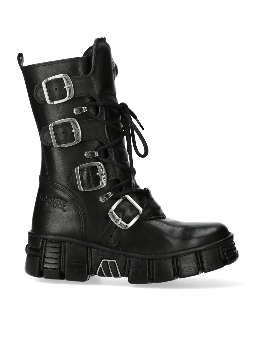 NEW ROCK Gothic leather boots with metallic buckles and rugged sole for punk and military style fashion.