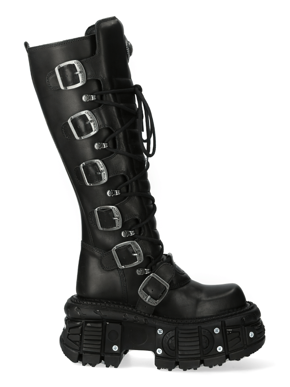 NEW ROCK Gothic black leather lace-up platform boots with buckles, showcasing a punk and rock aesthetic.